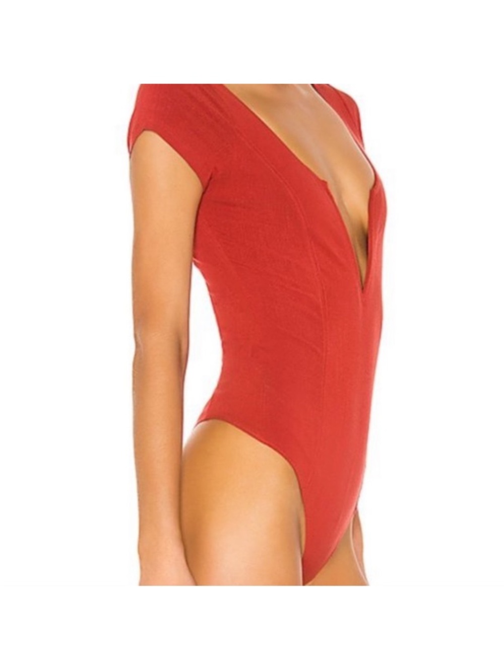 Free People Deep Conversations Rust Red Deep V Short Sleeve Bodysuit - Picture 2 of 11
